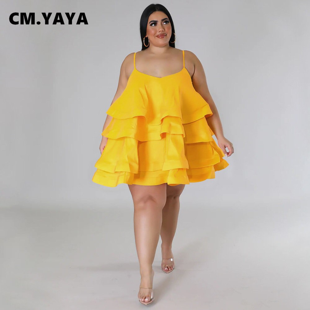 CM.YAYA Plus Size Vintage Women Cascanding Ruffles Big Swing Ball Gown Cake Babydoll Spaghetti Strap Sleeveless Dress Vestidos