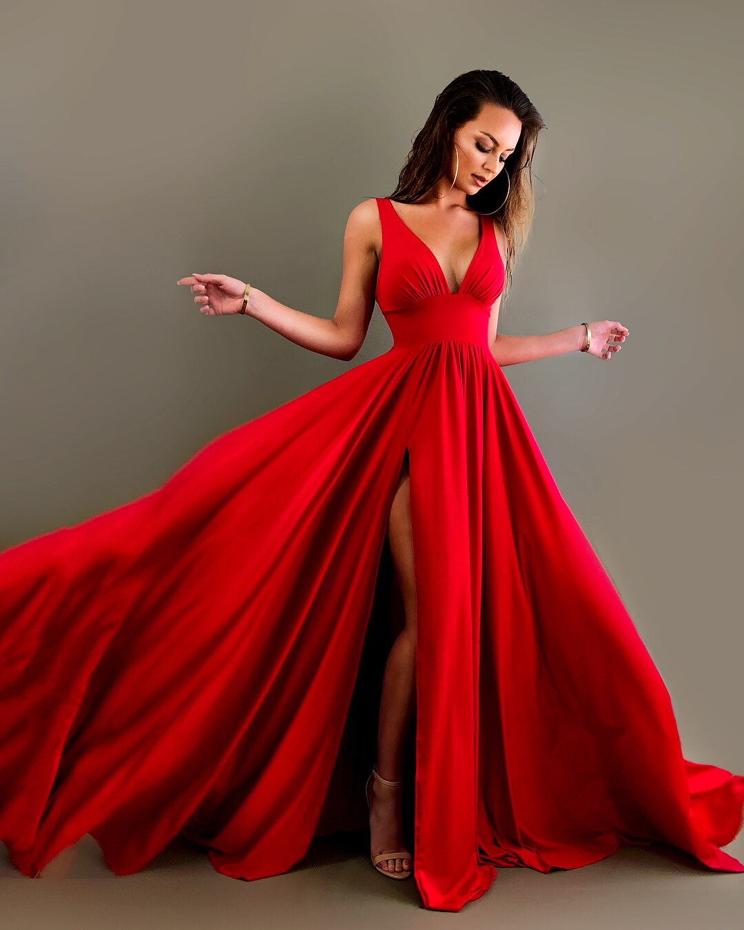 FATAPAESE Sexy Bridesmaid Dresses Satin Simple V Neck High Slit Wedding Guest Party Backless Evening Robe Champagne  Prom Gown