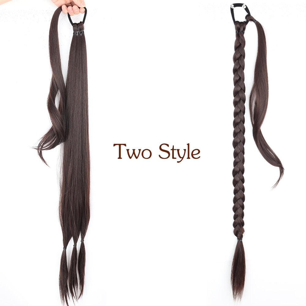 34inches Synthetic Long Braided Ponytail Hair Extensions for Women Black Brown Pony Tail with Hair Rope High Temperature Fiber