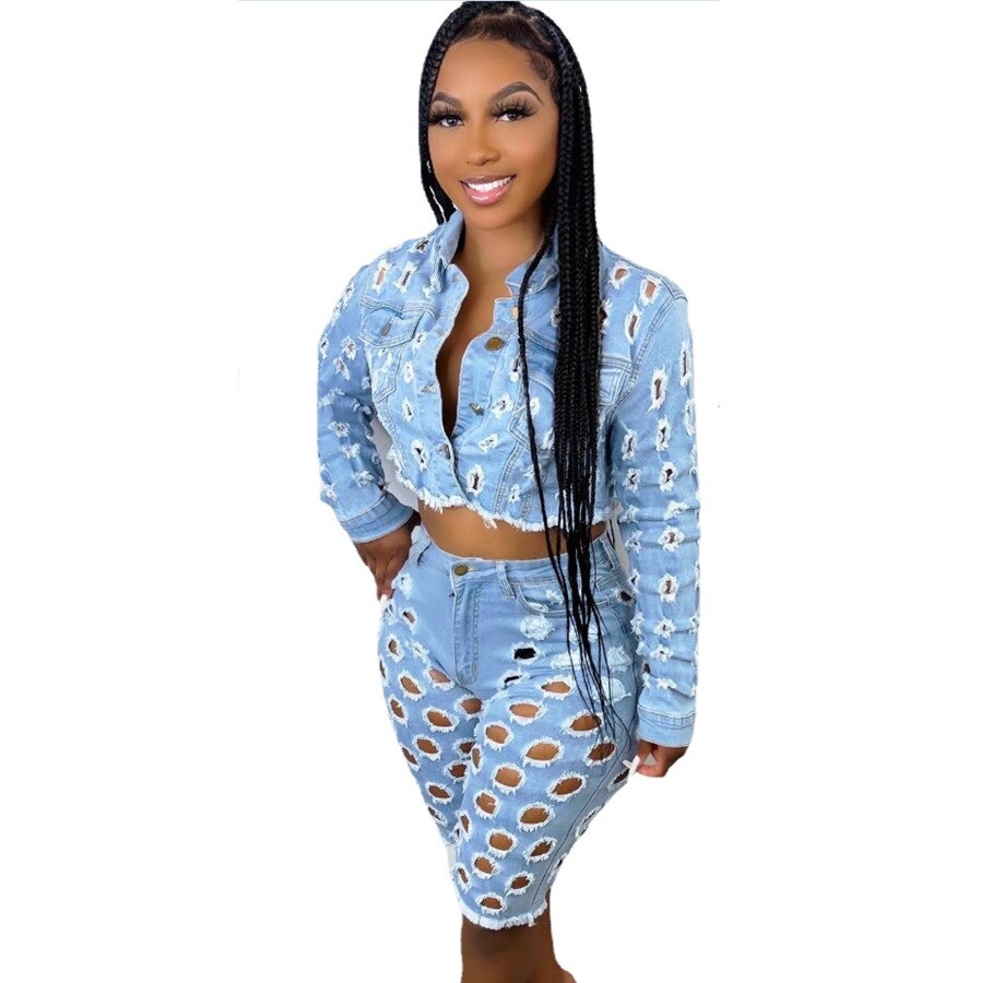 Women Denim Coats 2 Two Piece Set Casual Tracksuit Joggers Crop Jogging Suits Jackets Cargo Biker Short Pant Streetwear Outfits