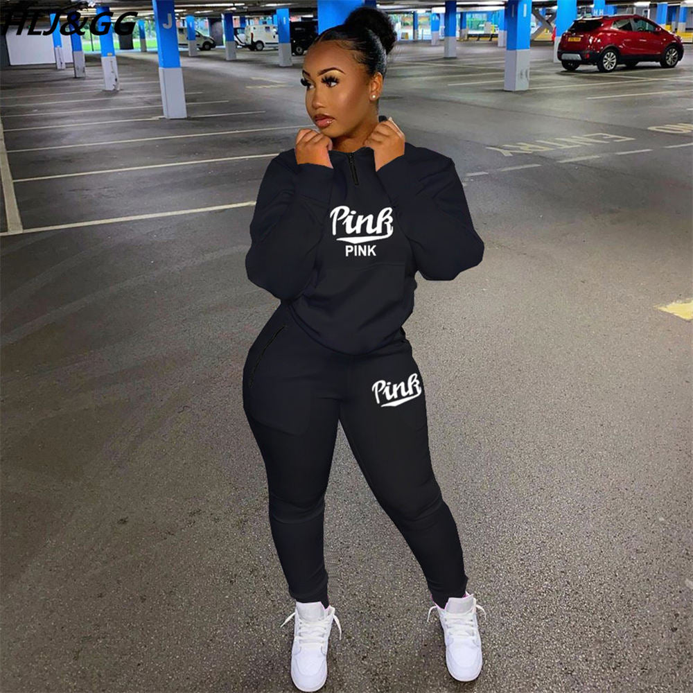 HLJ&amp;GG Winter Tracksuits Two Piece Sets Pink Letter Print Solid Casual Outfits Zip Sweatshirt + Pockets Pants Women Sweat Suits