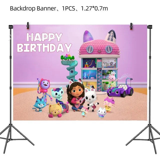 Pink Gabbys Dollhouse Cats Birthday Party Decoration Disposable Tablecloth Cup 3D Doll Balloon For Girls Baby Shower Supplies