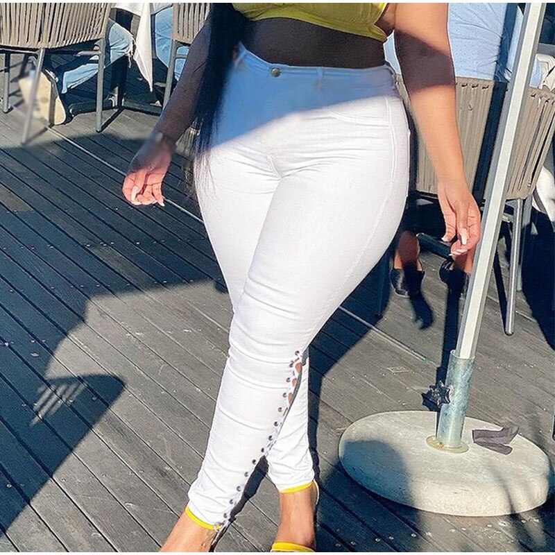 Plus Size Sexy Hollow Out White Skinny Jeans 3XL Summer Streetwear Women High Waist Ripped Lace Up Bandage Denim Pencil Pants