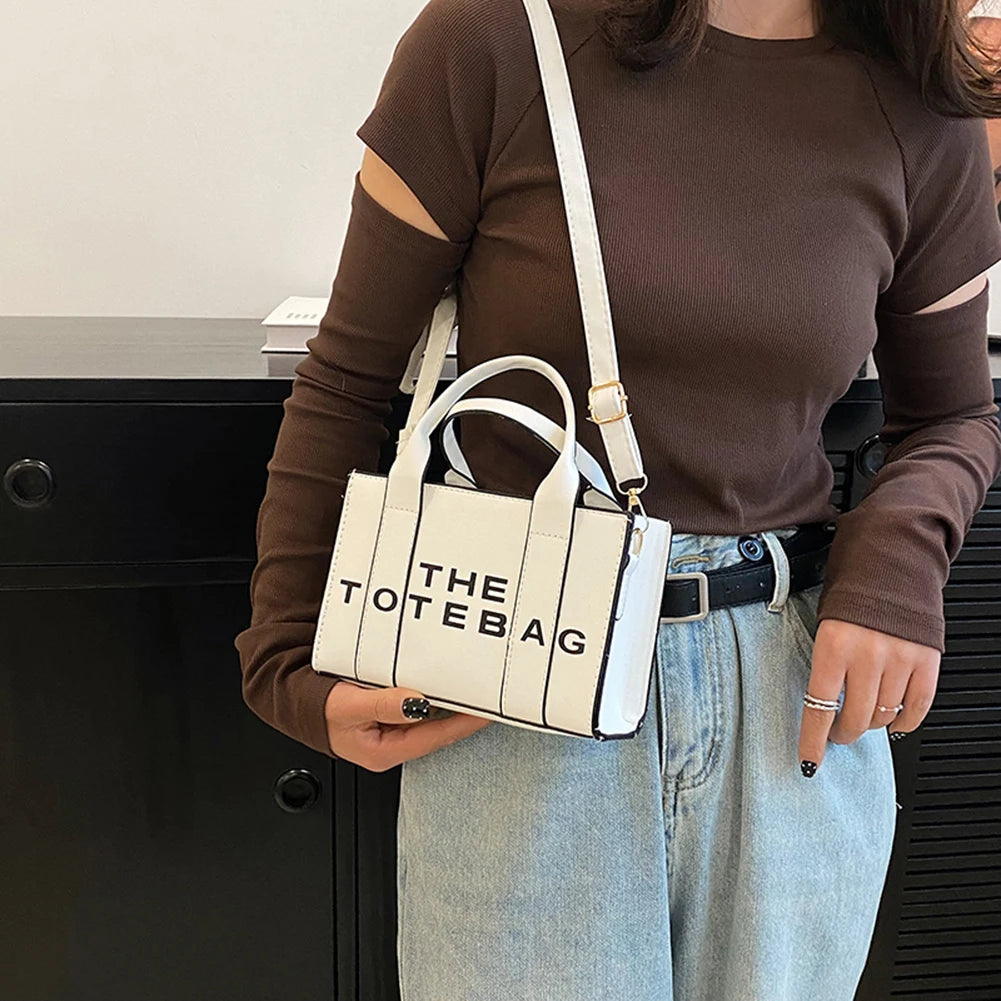 Women Tote Bag Contrast Letters Fashion Ladies Top-Handle Bags PU Leather Portable Casual Simple Adjustable Straps Hobos Bags