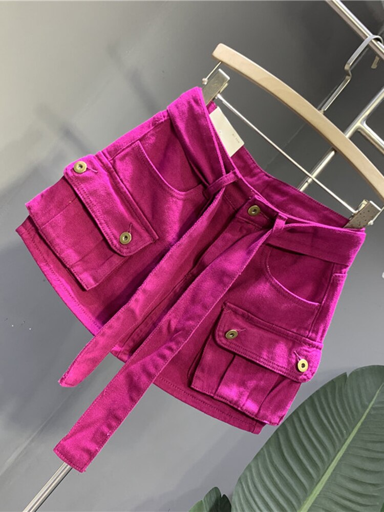 DEAT Fashion Belt Bandage Denim Mini Skirt Women Patchwork Pocket Cargo Wrap Hip Skirts Female Trend 2023 Spring New 11XX01119