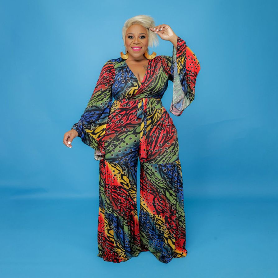 Plus Size Women Jumpsuit Tie Dye Print One Piece Outfit 2023 Spring Female Elegant Belt Jumpsuit Lady Designer Wide Leg Pant