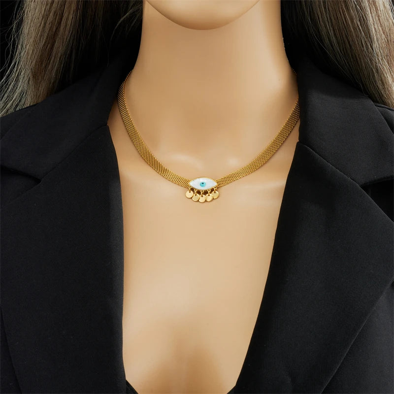 DIEYURO 316L Stainless Steel Blue Eyes Pendant Necklace Earrings For Women High Quality Choker Non-fading Jewelry Set Gifts