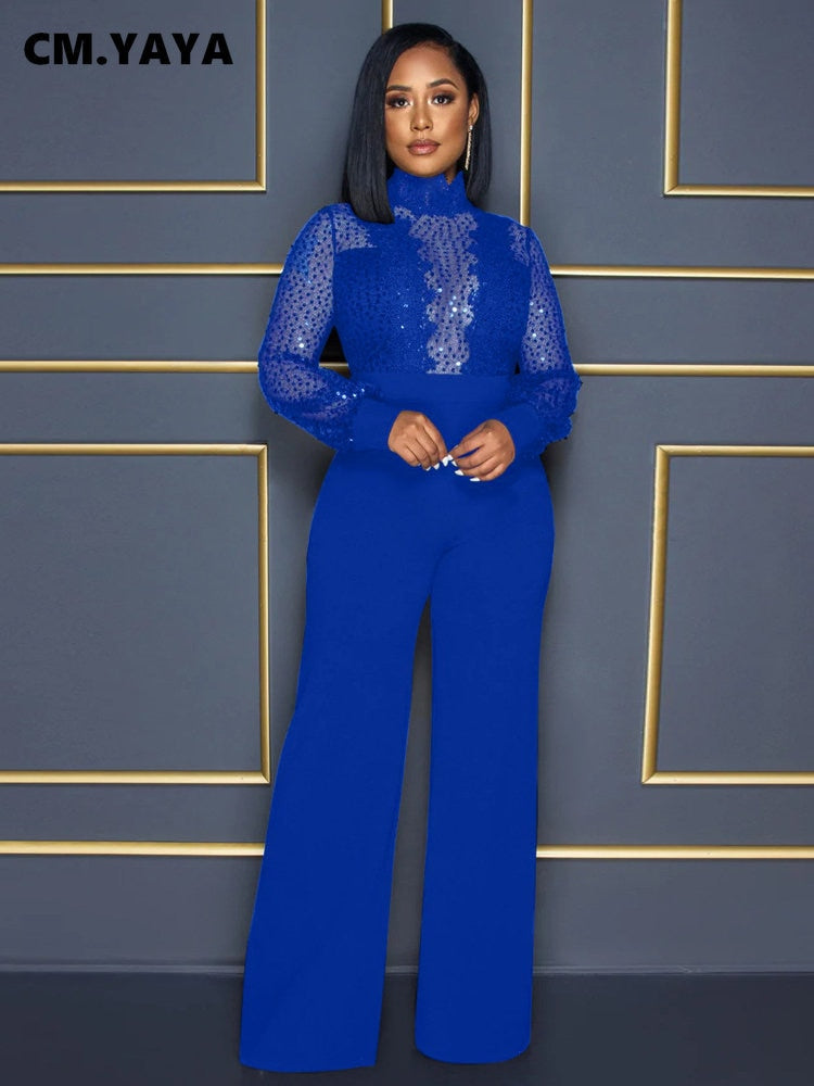 CM.YAYA Women Lace Patchwork Long Sleeve Loose Straight Jumpsuit Fashion Streetwear Sexy Party One Piece Set Overall Playsuit