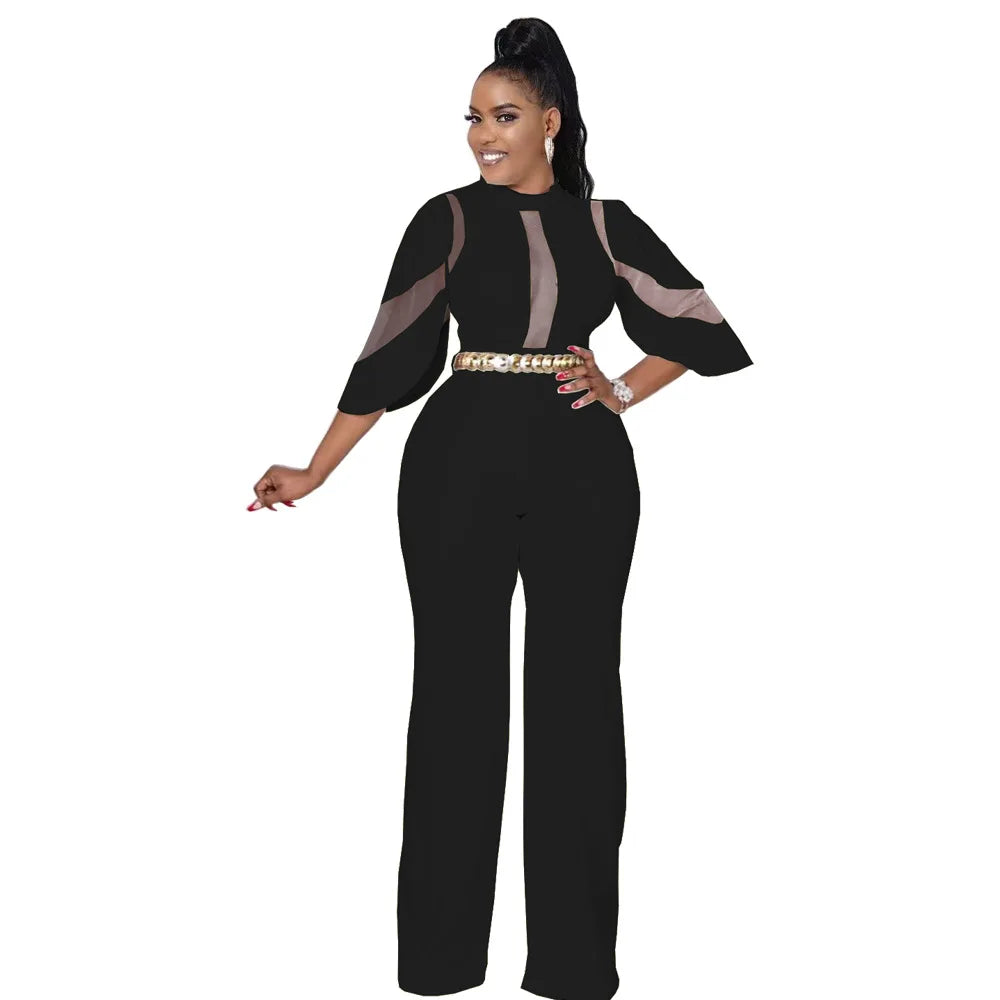 CM.YAYA Elegant Women Mesh Patchwork Irregular Sleeve High Waist Straight Jumpsuit Party INS Overall Wide Leg Straight Playsuit