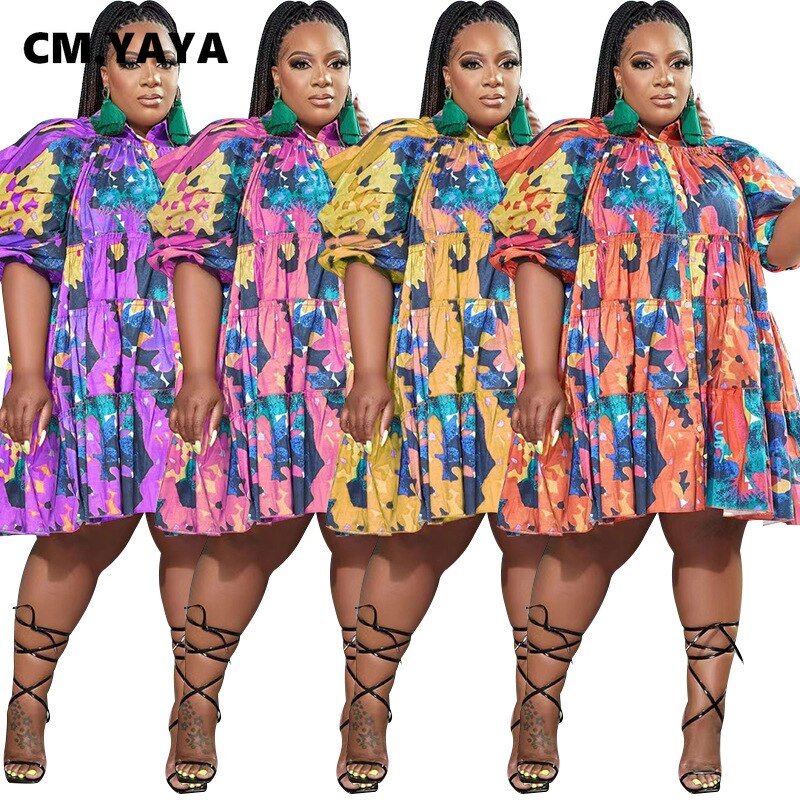 CM.YAYA Elegant Women Graffiti Cape Stye Big Swing Loose Smock Dress Plus Size Curve Chic Single Breasted Shirt Blouse Dresses