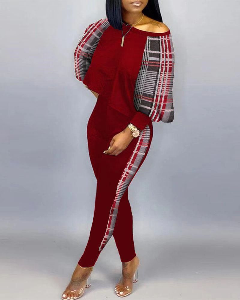 Spring Fashion Print Two Piece Set Women's Diagonal Neck Long Sleeve Casual T-shirt Tights Slim Two Piece Set Women