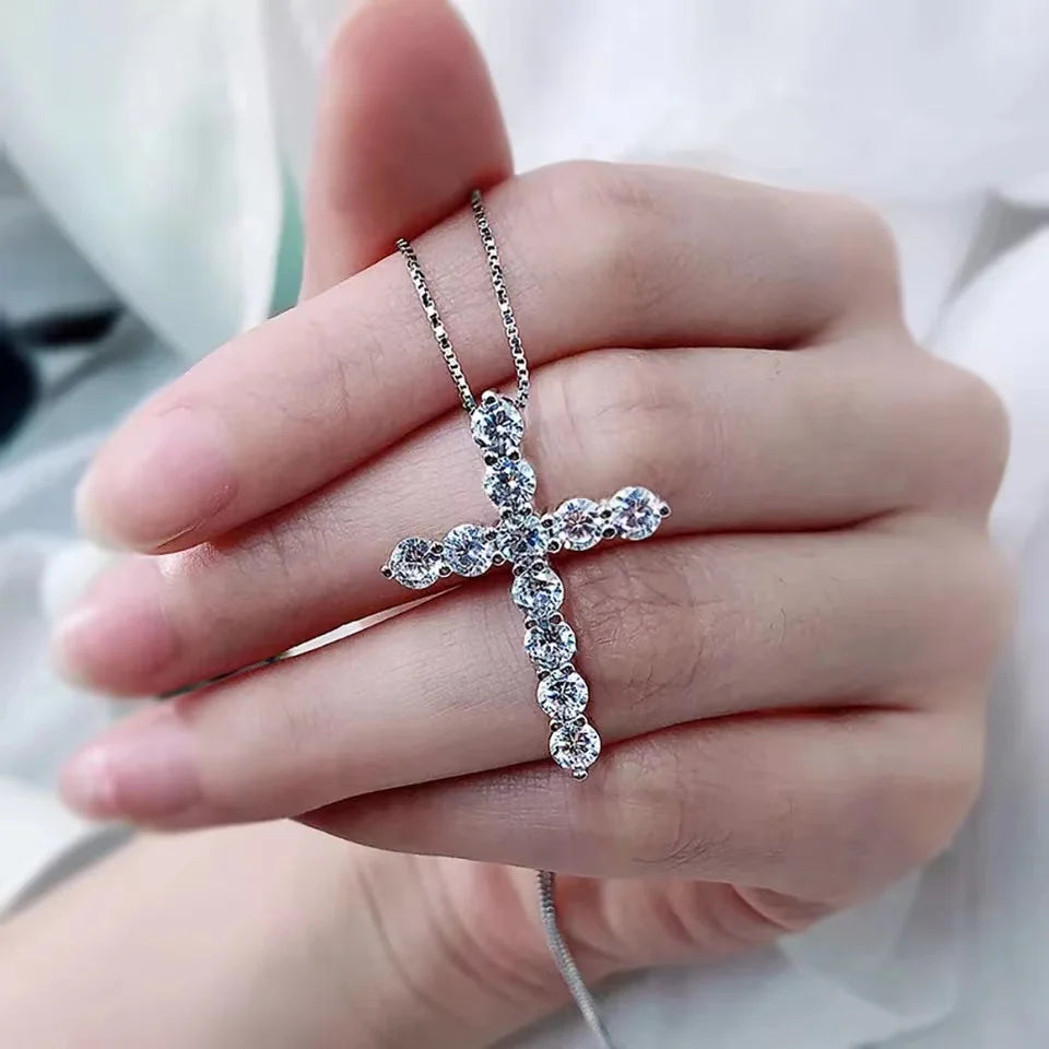 EWYA Real Moissanite Jesus Cross Pendant Necklace for Women 925 Sterling Silver 2.5 3 4mm Diamond Chains Necklaces Fine Jewelry