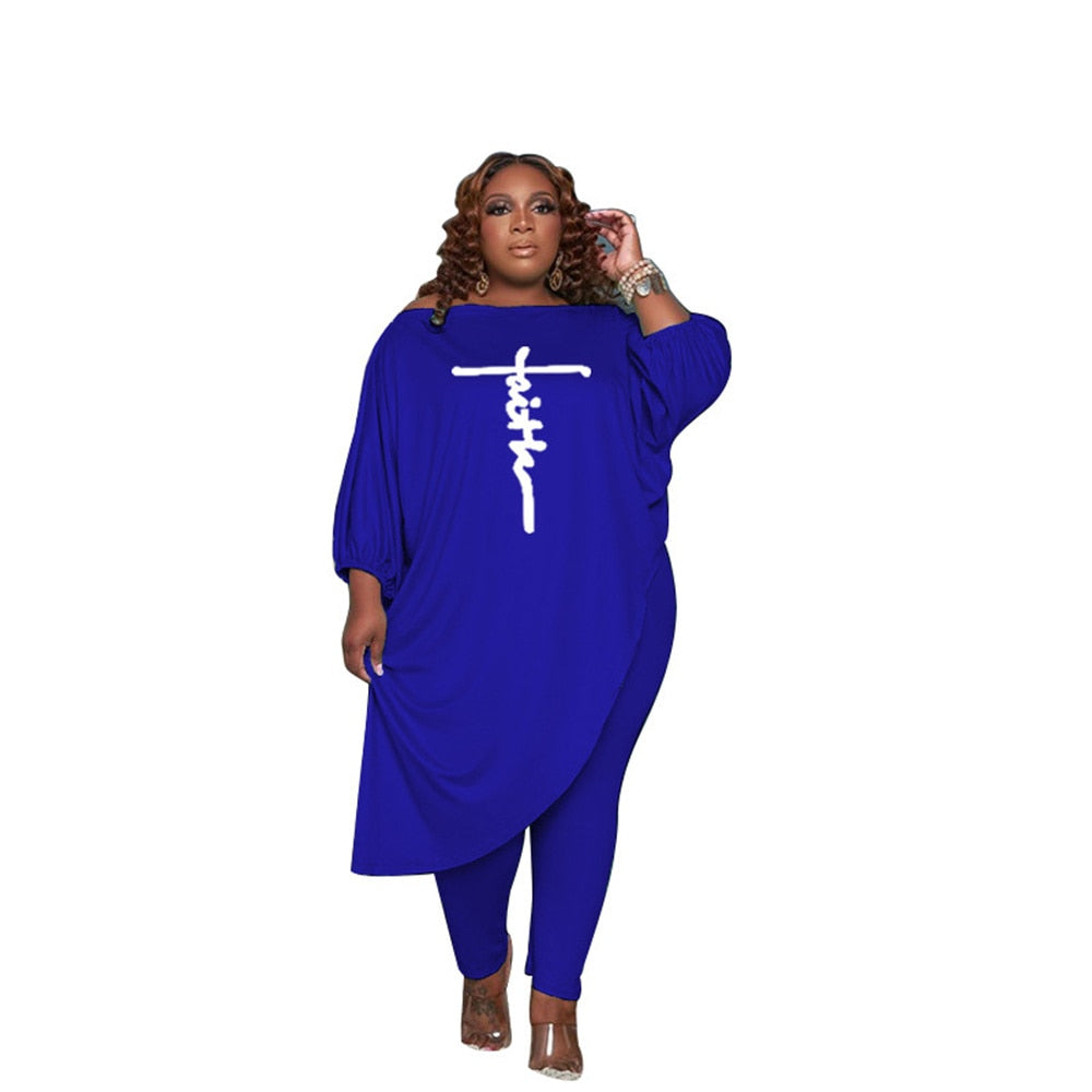 Elegant Plus Size Women's Clothing 4xl 5xl Loose Solid Color Slanted Shoulder Embroidery Tops Sexy Two Piece Sets Wholesale