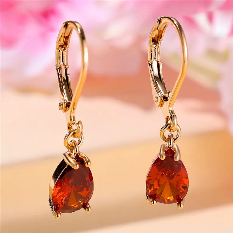 Female Crystal Red Zircon Stone Heart Dangle Earring Cute Tassel Long Wedding Jewelry For Women