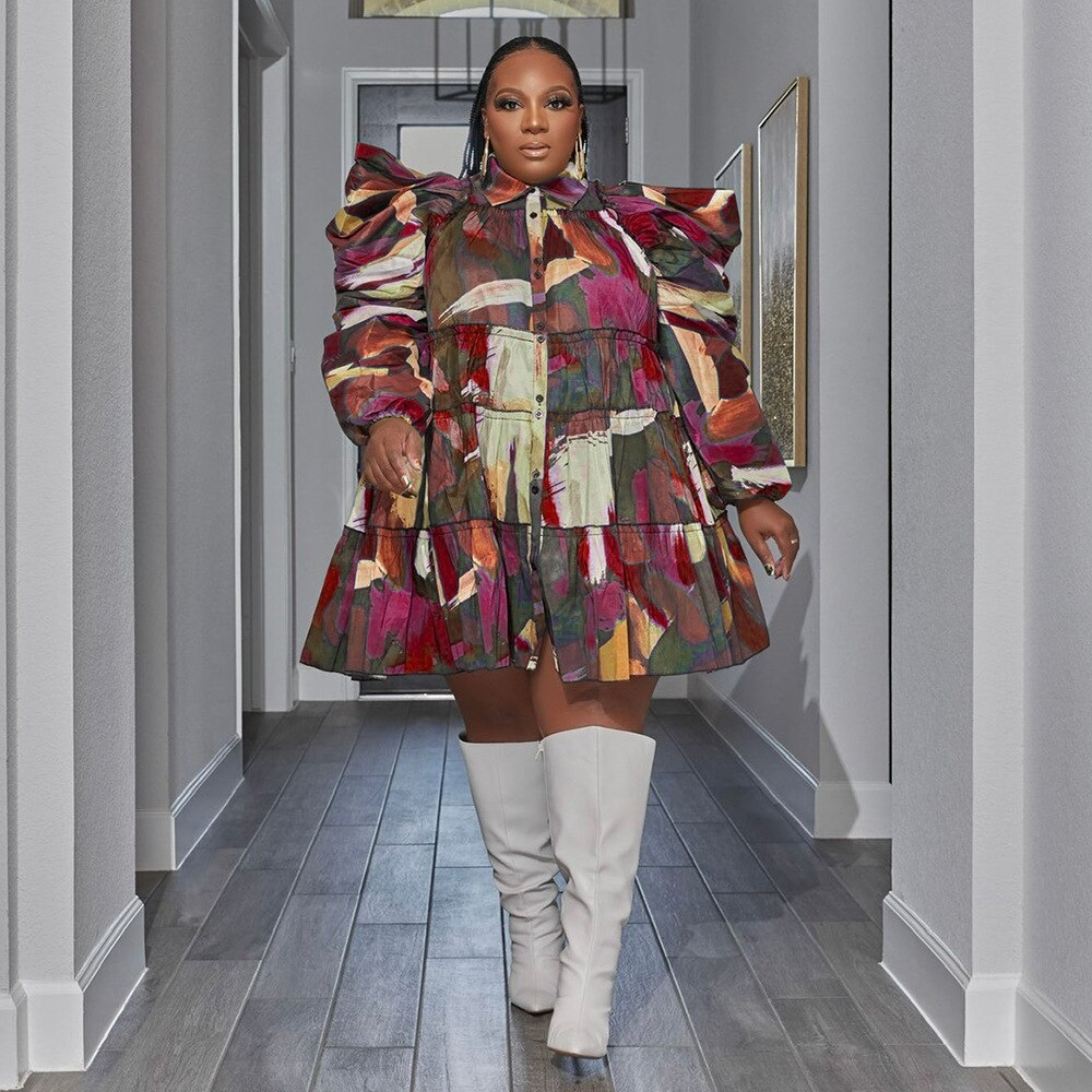 CM.YAYA Plus Size Women Houndstooth Tie Dye Camouflage Printed Puff Long Sleeve Button Shirt Smock Babydoll Big Swing Dress