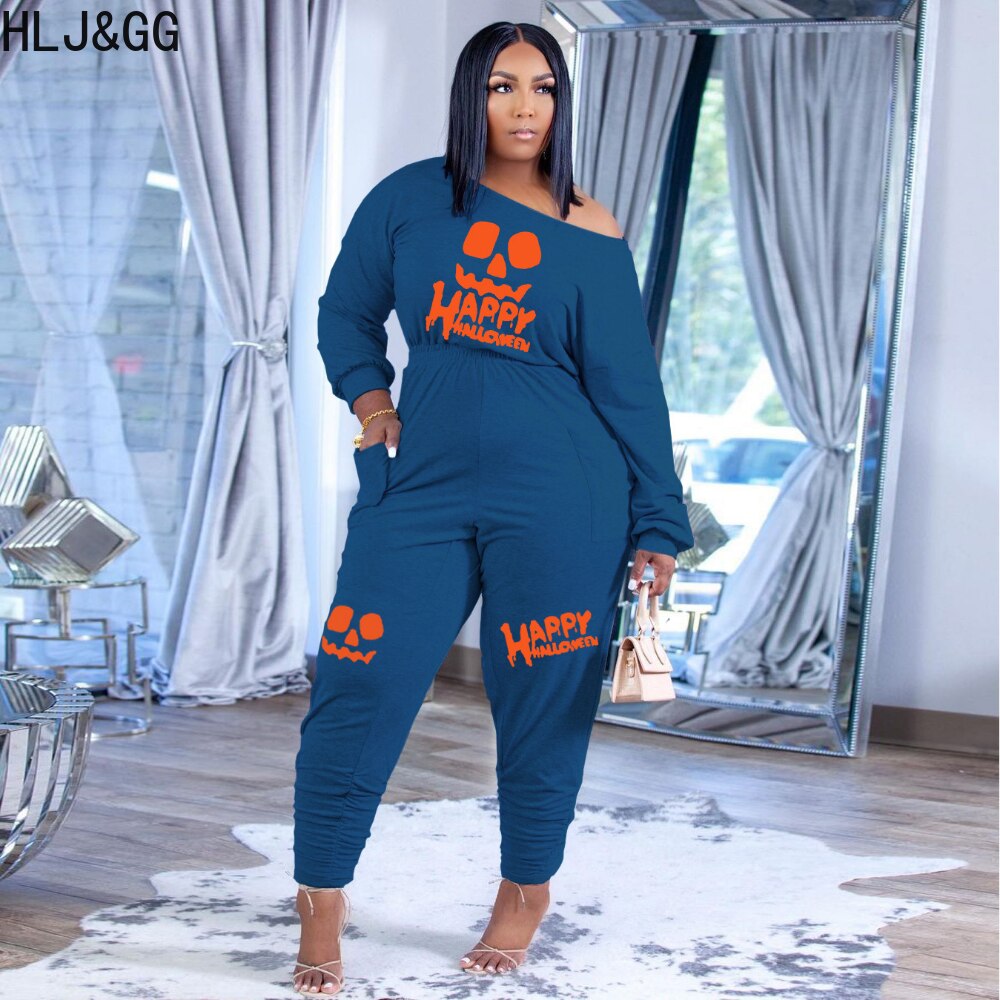 HLJ&amp;GG Casual Women Letter Print Jumpsuits Fall Winter Off Shoulder with Pocket One Piece Playsuits Female Clothing Dropshipping