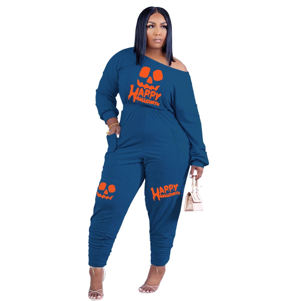 HLJ&amp;GG Casual Women Letter Print Jumpsuits Fall Winter Off Shoulder with Pocket One Piece Playsuits Female Clothing Dropshipping