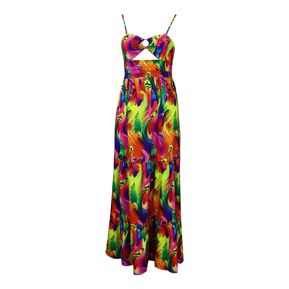 Elegant Sling Plus Size Dress Sexy Printing Fashion Backless Boho Beach Mixi Dress Robe Femme Ete Leisure Vacation Vestidos