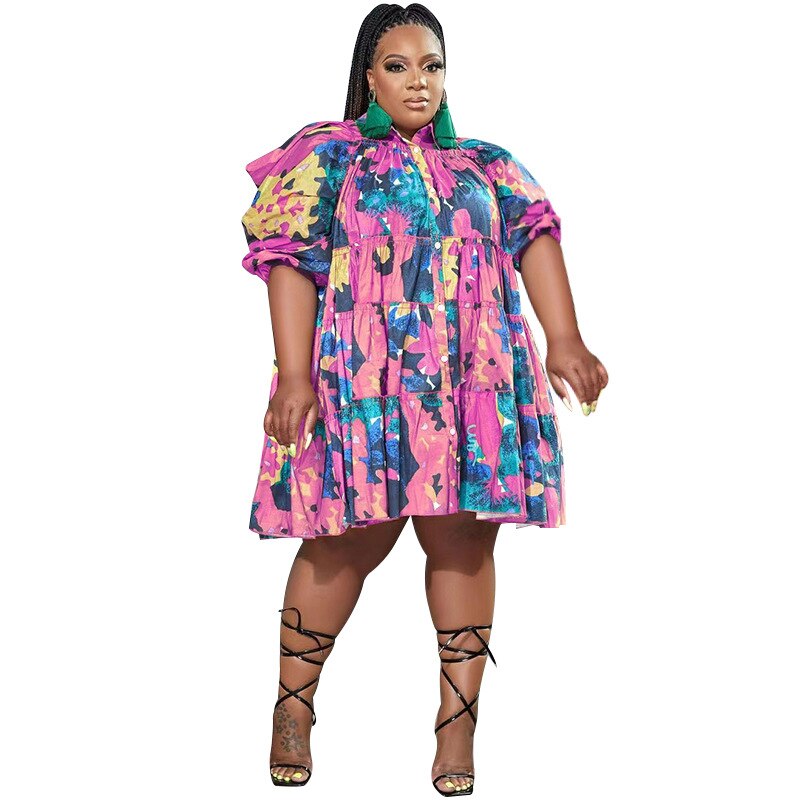 CM.YAYA Elegant Women Graffiti Cape Stye Big Swing Loose Smock Dress Plus Size Curve Chic Single Breasted Shirt Blouse Dresses