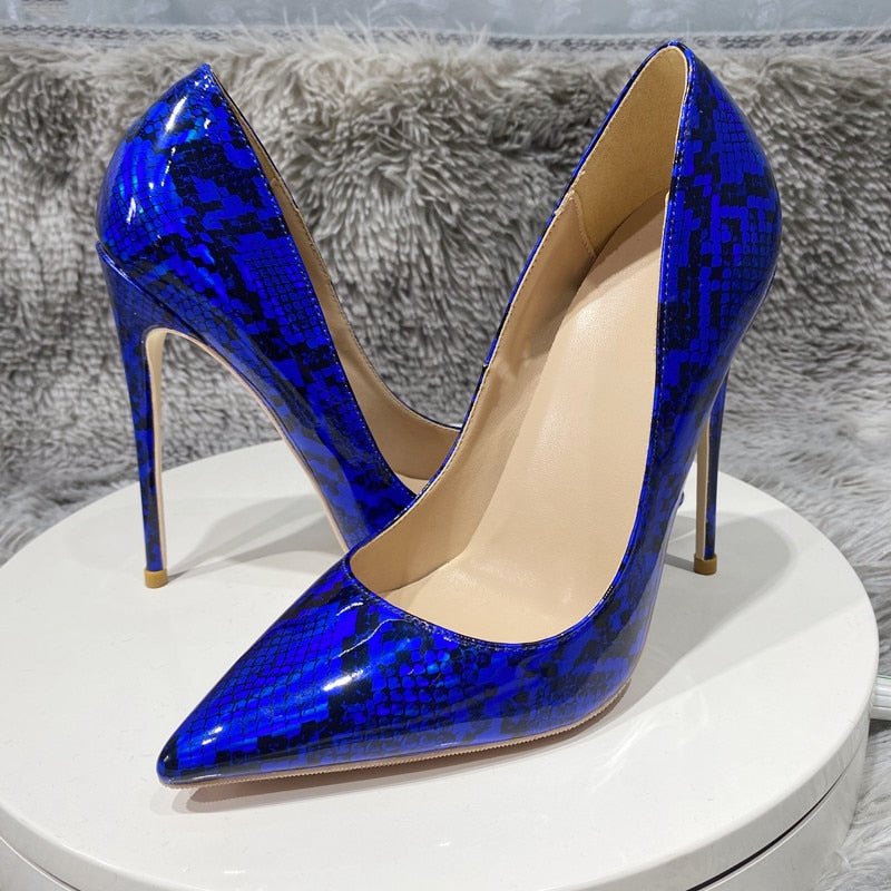 Heelgoo Royal Blue Snakeskin Pattern Women Pointy Toe High Heel Party Dress Shoes Plus Size 33-46 Sexy Ladies Stiletto Pumps