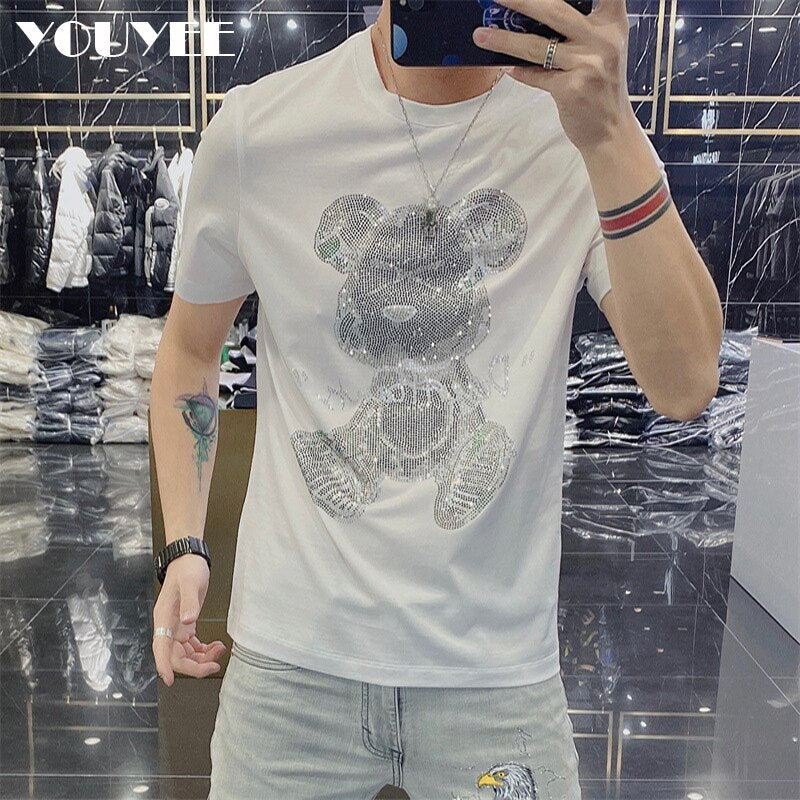 Rhinestone Casual Men's Short Sleeve T-shirt Loose O-neck 2022 Summer New Fashion Trend Brand Diamond Bear Green Yellow Clothing