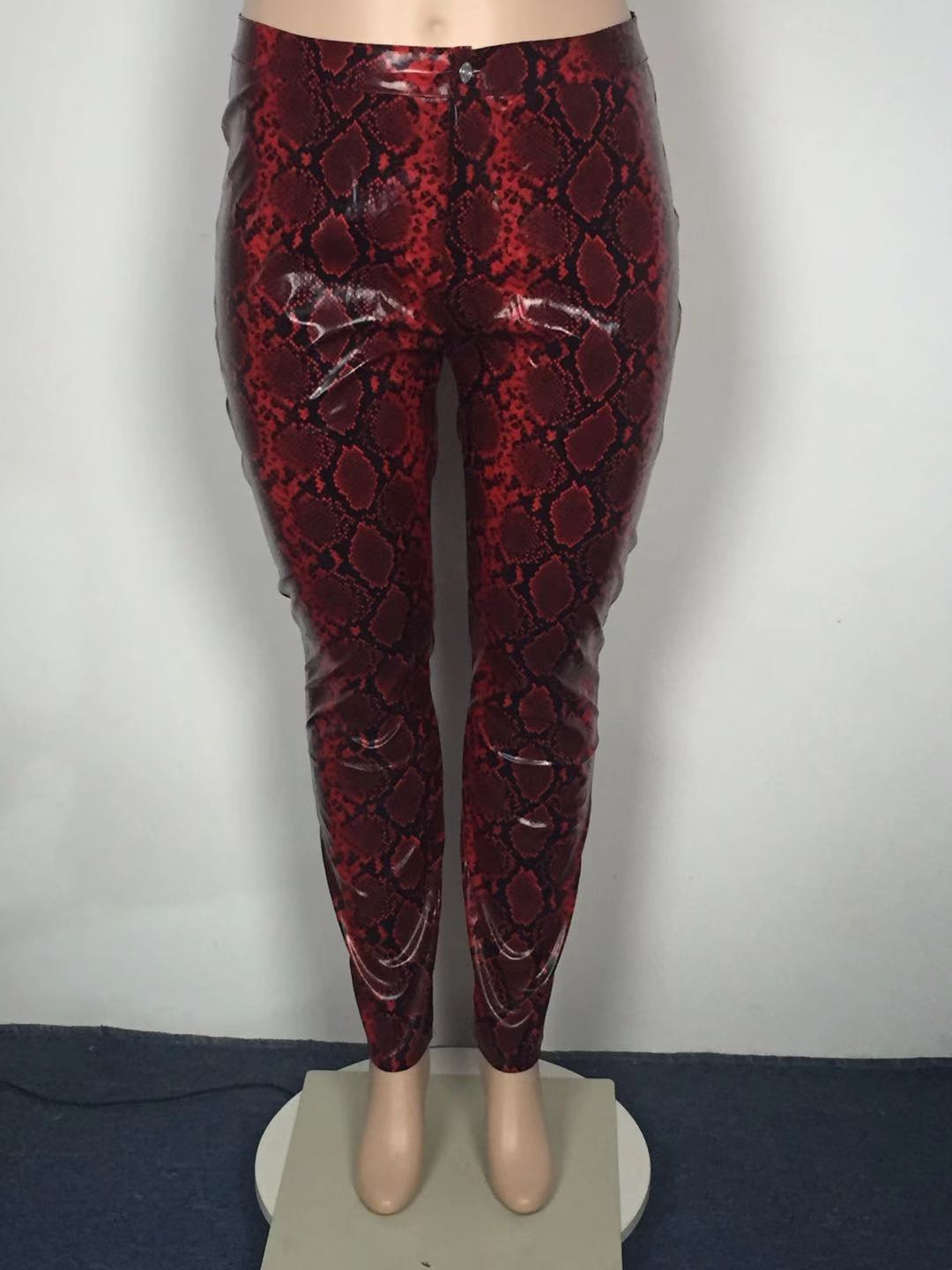 Plus Size Women Pants PU Leather Snakeskin Trouser 2022 Fall Female Elegant Pencil Pants Lady Casual Designer Trousers Wholesale
