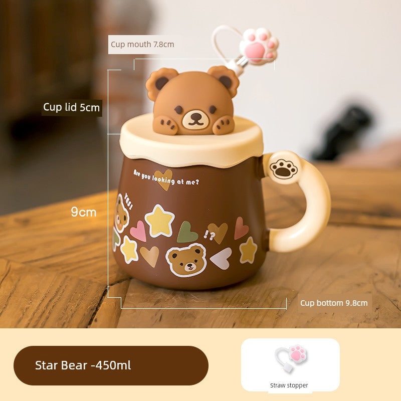 Cute Ceramic Cup Couple with Lid Spoon Straw Mug Home Breakfast Coffee Cup Women Office Water Glass Men