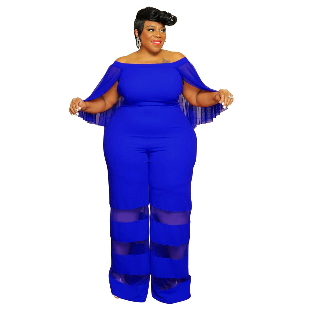Plus Size Women Elegant Jumpsuit Mesh Patchwork One Piece Outfit Lady Designer Wide Leg Pant 2023 Spring Female Fashion Jumpsuit