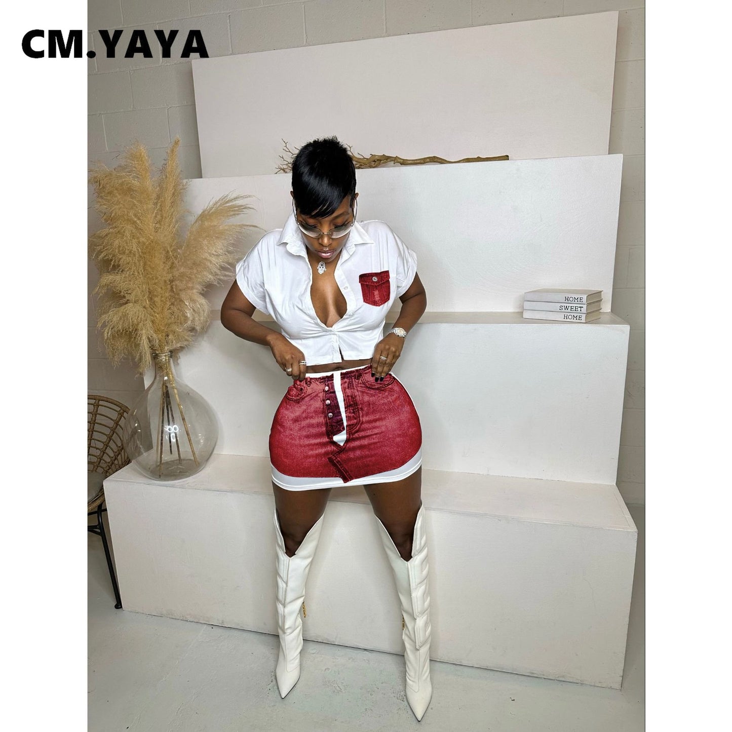 CM.YAYA Fashion Women Short Sleeve Shirt and Demin Printed  Mini Midi Skirt Suit 2023 Street Basic INS Outfits Two 2 Piece Set