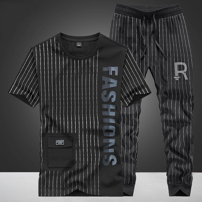 Summer new ice silk suit male summer youth fashion brand short sleeve T-shirt male loose pants casual sportswear male