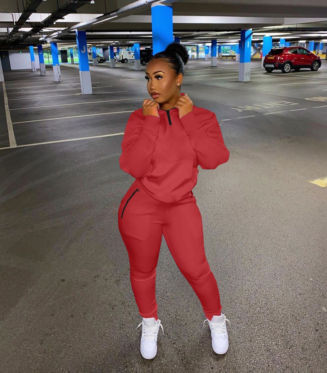 HLJ&amp;GG Winter Tracksuits Two Piece Sets Pink Letter Print Solid Casual Outfits Zip Sweatshirt + Pockets Pants Women Sweat Suits
