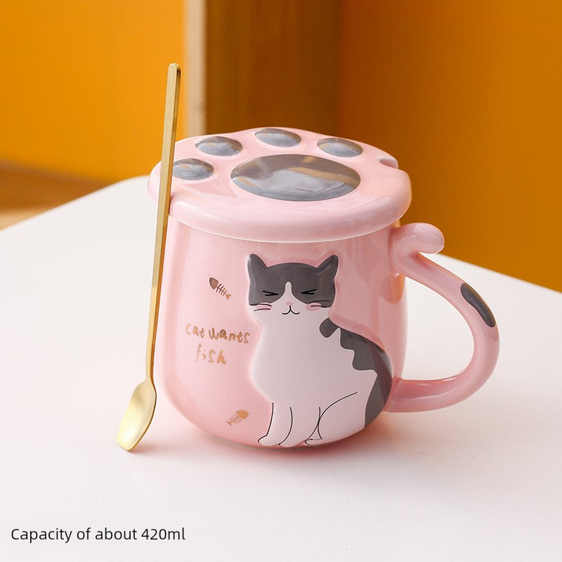 Cute Cat Mug Cartoon Porcelain Cup Couple Men and Women Water Cup Coffee Cup with Cover Spoon Breakfast Milk Cup
