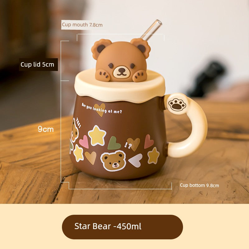 Cute Ceramic Cup Couple with Lid Spoon Straw Mug Home Breakfast Coffee Cup Women Office Water Glass Men
