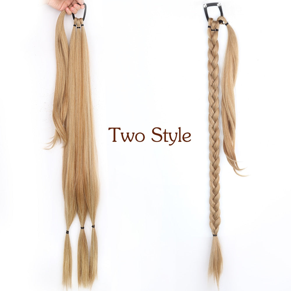 34inches Synthetic Long Braided Ponytail Hair Extensions for Women Black Brown Pony Tail with Hair Rope High Temperature Fiber