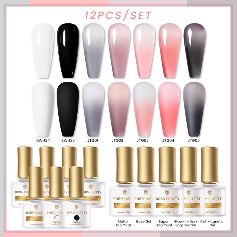 BORN PRETTY 10/12Pcs Gel Nail Polish Set 7ml Jelly Nude Gel &amp; Rainbow Cat Magnetic Gel Polish for Nail Art Design Base Top Coat