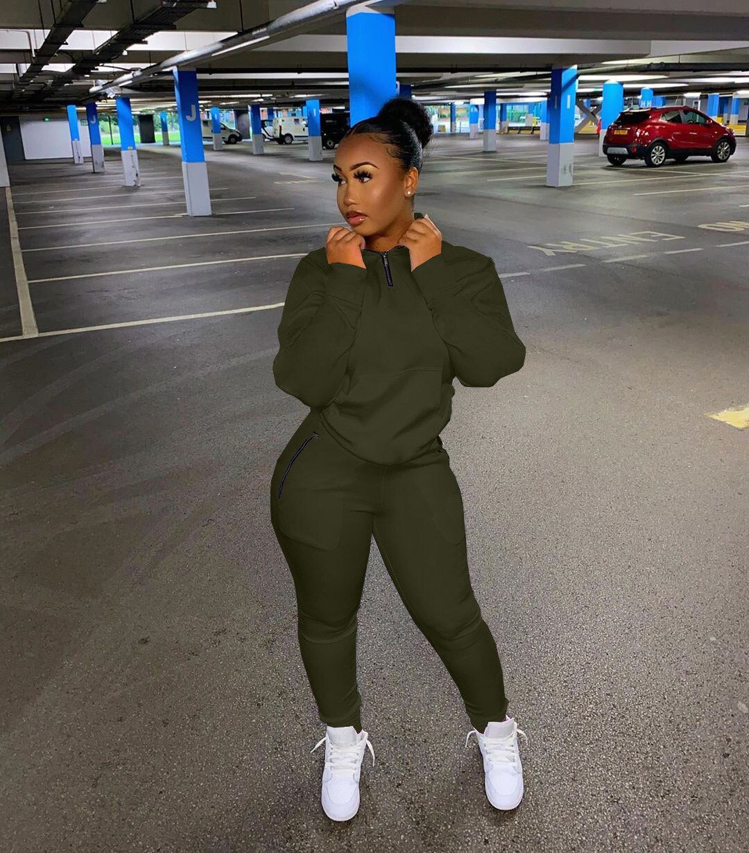 HLJ&amp;GG Winter Tracksuits Two Piece Sets Pink Letter Print Solid Casual Outfits Zip Sweatshirt + Pockets Pants Women Sweat Suits
