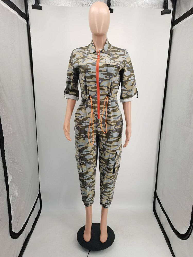 Camouflage Print Sport Rompers Womens Jumpsuit Casual Turn Down Collar Half Sleeve Overalls Active Wear Drawstring Bodysuit New