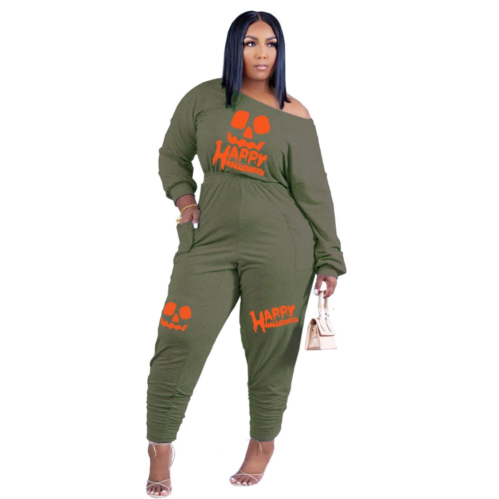 HLJ&amp;GG Casual Women Letter Print Jumpsuits Fall Winter Off Shoulder with Pocket One Piece Playsuits Female Clothing Dropshipping