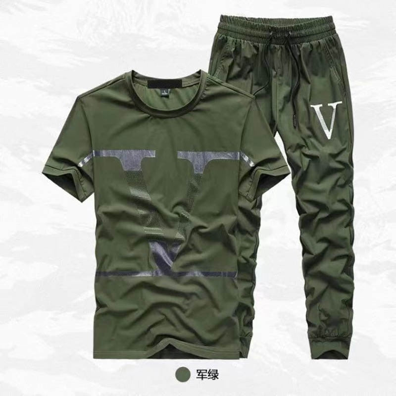 Summer new ice silk suit male summer youth fashion brand short sleeve T-shirt male loose pants casual sportswear male