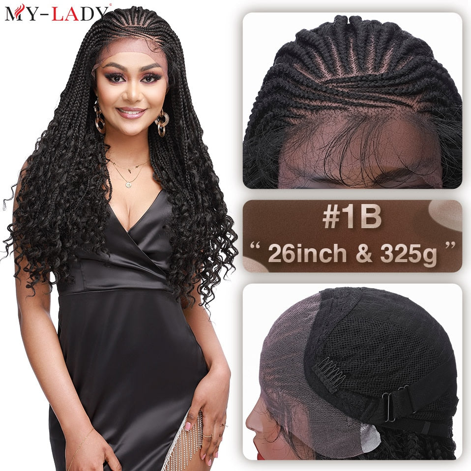 My-Lady Synthetic 26'' Cornrow Braids Lace Wigs Curly Ends Box Braided Lace Front Wig Baby Hair Frontal Afro Wig Black Women