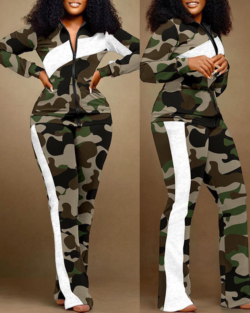 Autumn Winter Fashion Print Two Piece Set Women Casual Sports Style Zipper Top Sweatpants Two Piece Set Women