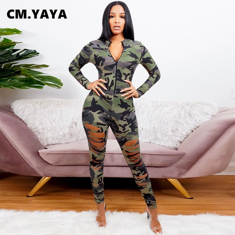 CM.YAYA  Camouflage Jumpsuit for Women Elastic Cut Out Hollow Out Zipper Up One Piece Overall Romper Outfit 2021