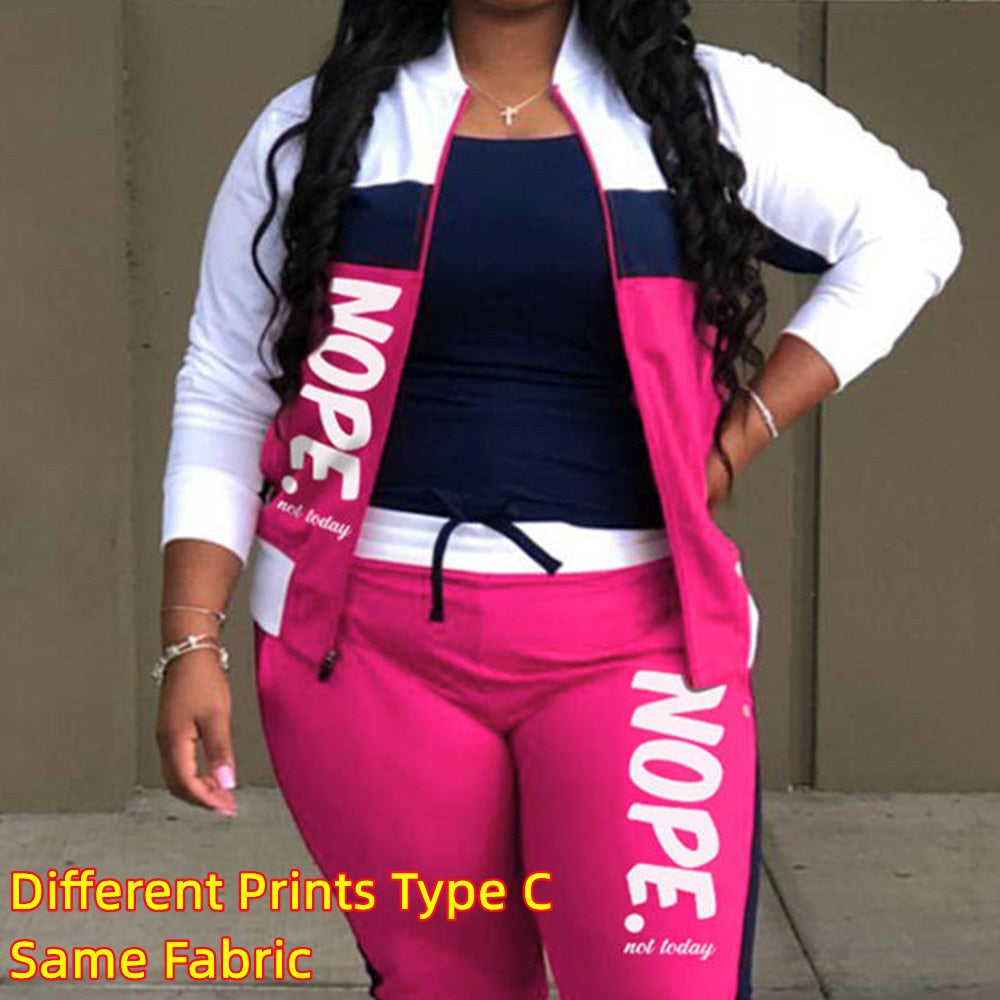 HLJ&amp;GG Casual Sporty Two Piece Sets Women Zipper Long Sleeve Top + Jogger Pants Tracksuits Spring PINK Letter Print 2pcs Outfits