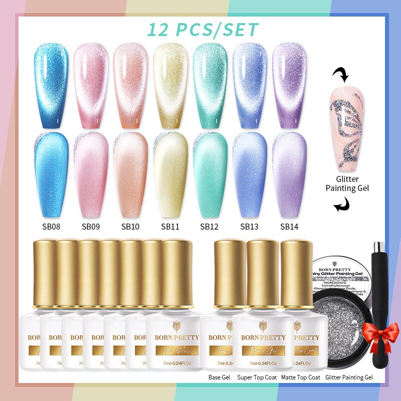BORN PRETTY 10/12Pcs Gel Nail Polish Set 7ml Jelly Nude Gel &amp; Rainbow Cat Magnetic Gel Polish for Nail Art Design Base Top Coat