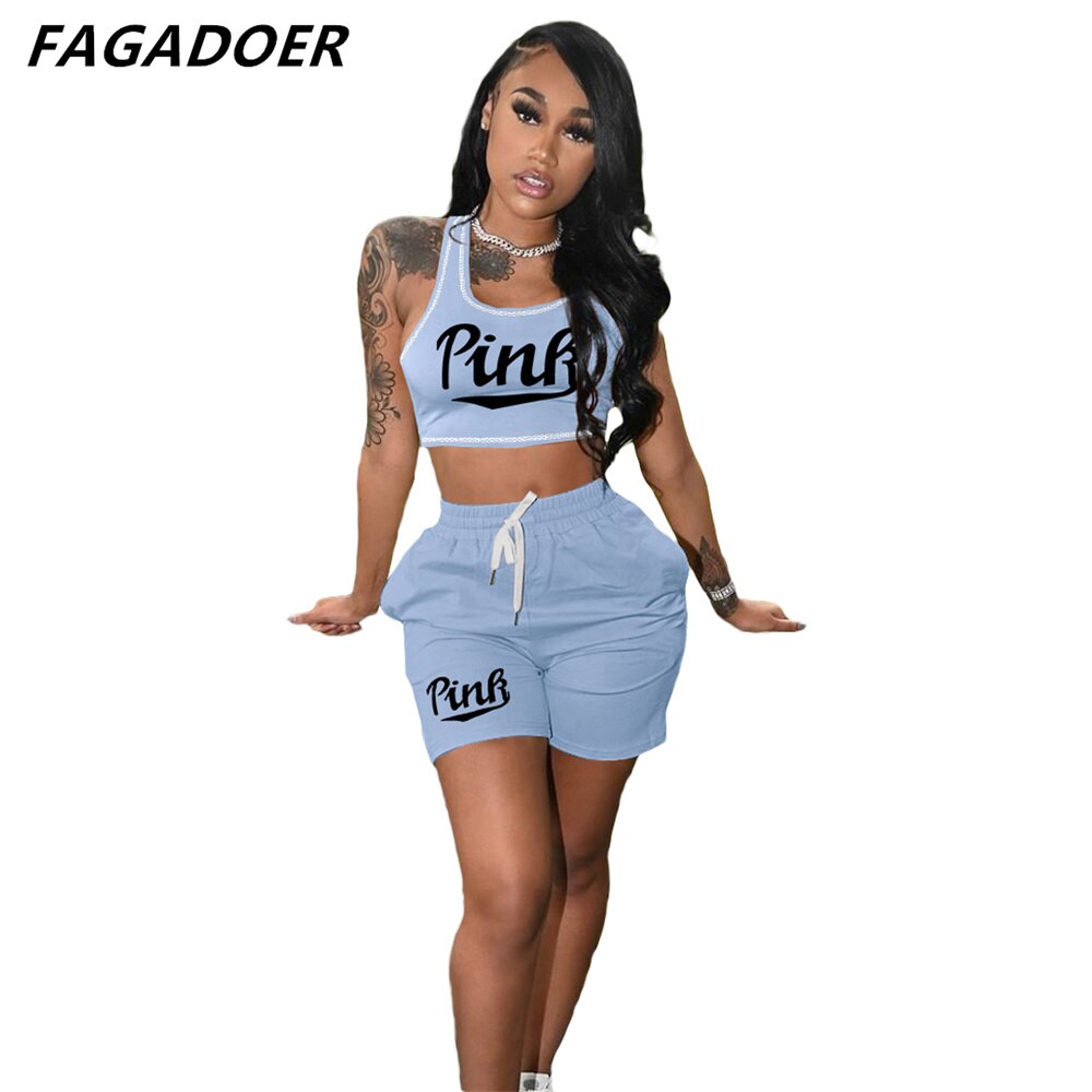FAGADOER Summer Women Pink Letter Print Sleeveless Crop Top+Pencil Shorts Suit Two Piece Set Tracksuits Outfit Sporty Streetwear