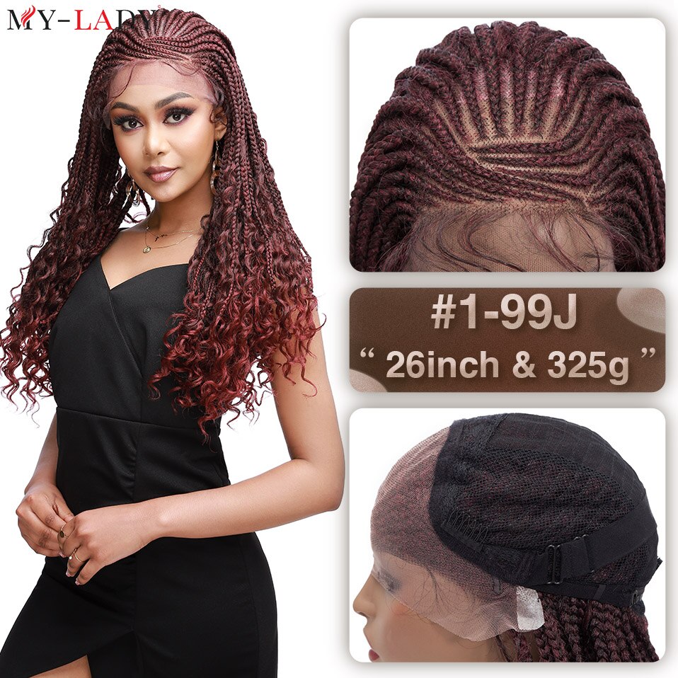 My-Lady Synthetic 26'' Cornrow Braids Lace Wigs Curly Ends Box Braided Lace Front Wig Baby Hair Frontal Afro Wig Black Women