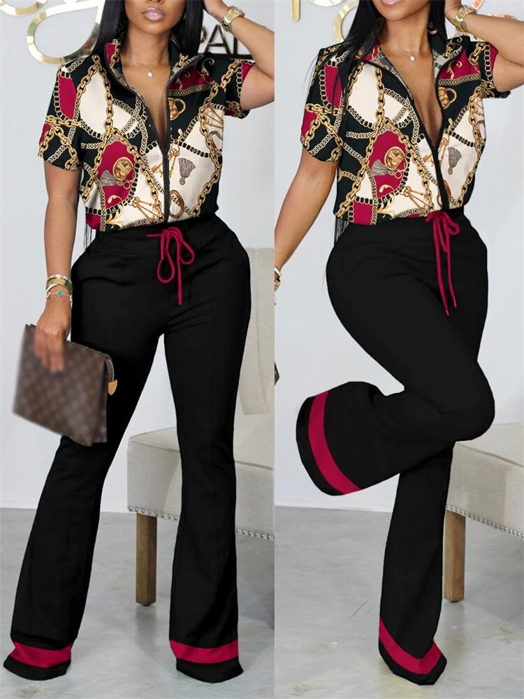 2023 Two Piece Sets Womens Geometric Print Zip Up Top &amp; Drawstring Pants Set Outifits Fashion Tracksuits Casual T Female Outfit