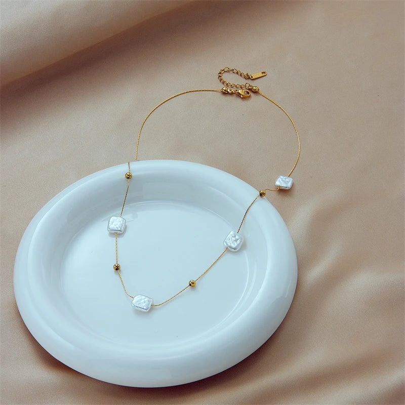 DIEYURO 316L Stainless Steel Square Large Pearl Pendant Necklace For Women New Fashion Girls Clavicle Chain Party Jewelry Gift