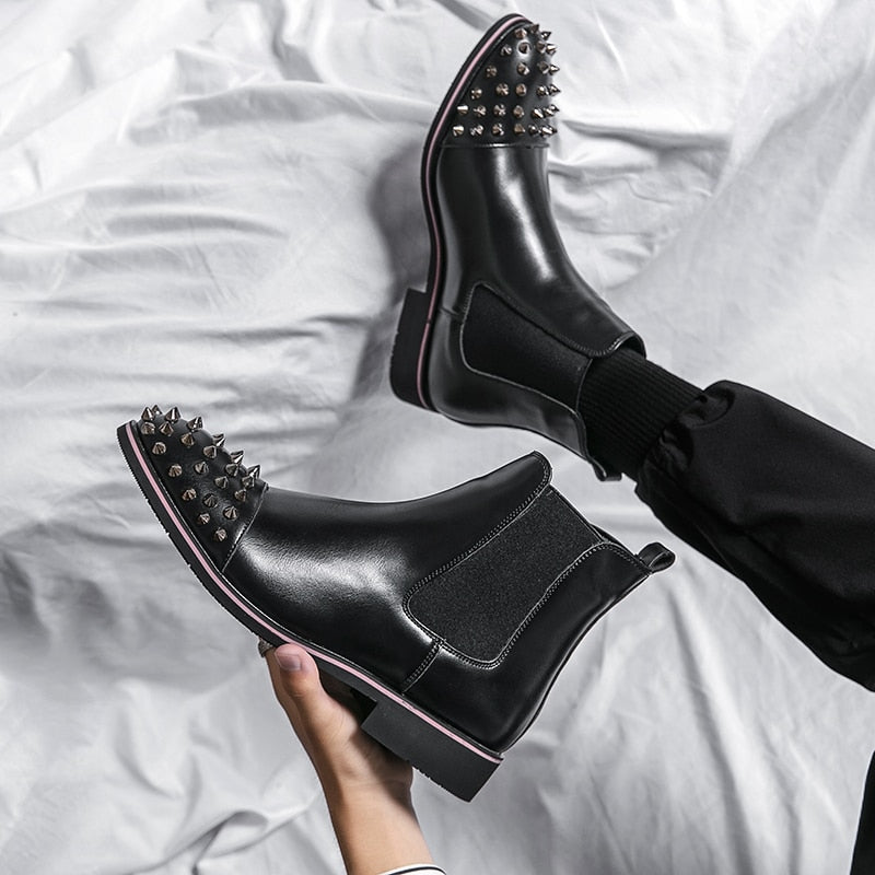 New Black Rivet Chelsea Boots for Men Round Toe Slip-On Punk Handmade Men Ankle Boots Free Shipping Bottes Pour Hommes
