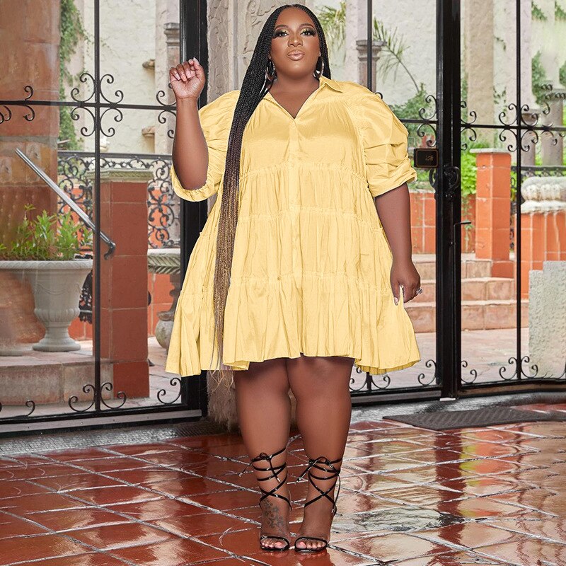 CM.YAYA Elegant Women Graffiti Cape Stye Big Swing Loose Smock Dress Plus Size Curve Chic Single Breasted Shirt Blouse Dresses